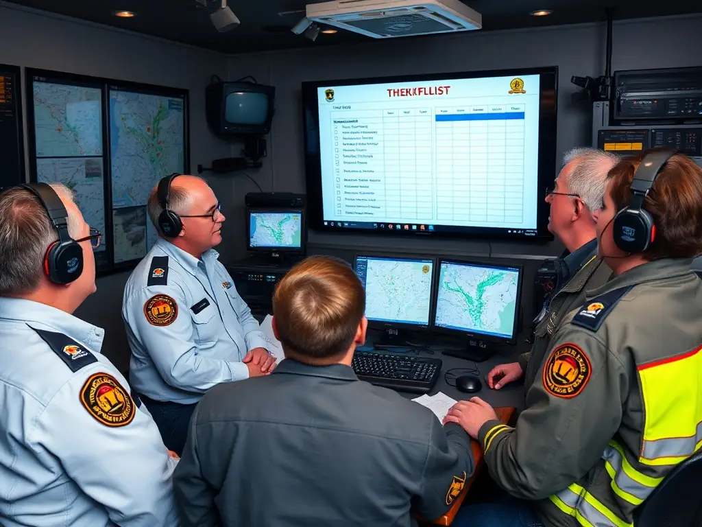 Emergency management team reviewing a checklist in an operations center.
