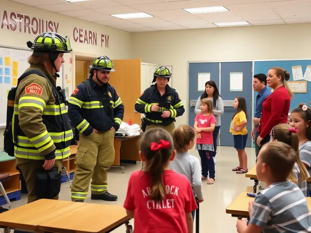 Emergency response personnel conducting a safety drill in a school environment.